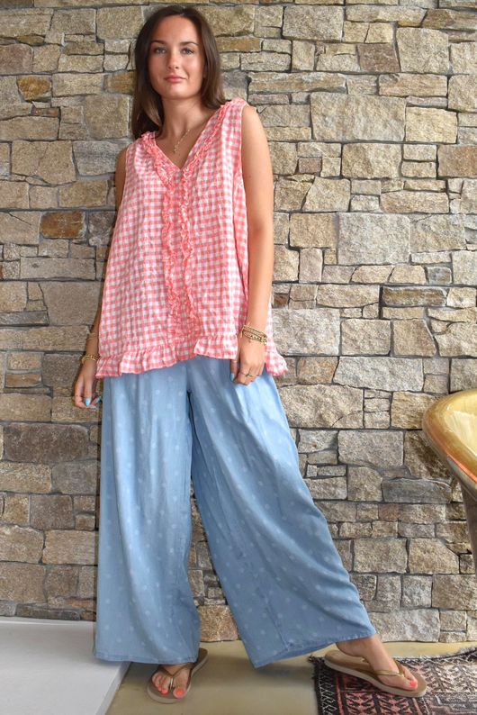 Nonni Gingham Ruffle Front Tank Sherbet Coral